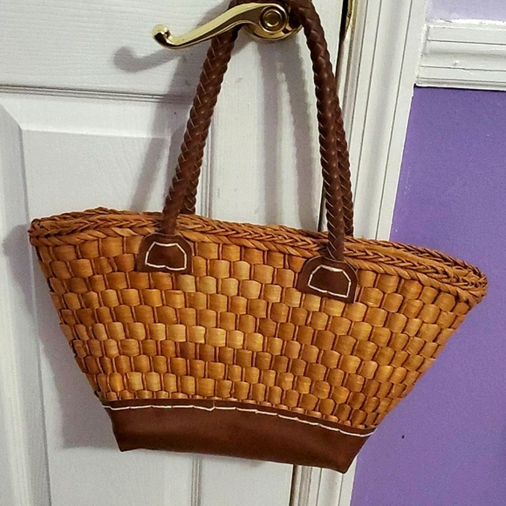 Bijoux Turner Boho Beachy Straw Bag With Brown Vegan Leather Accents